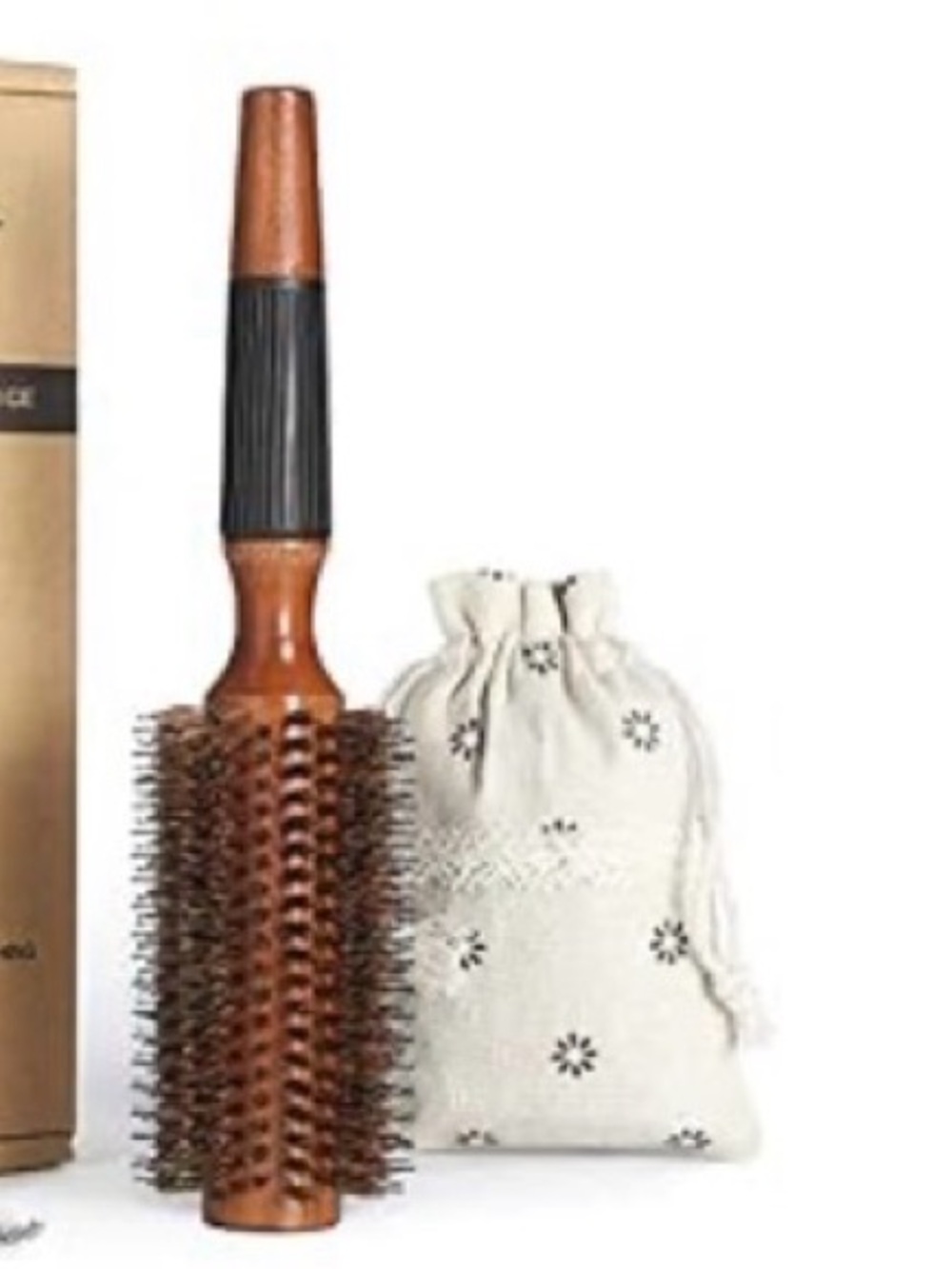 Wood Finish Round Styling Brush with Cream Drawstring Bag